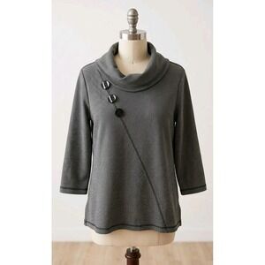 Ali Miles Tunic Pullover Cowl Neck Buttons Gray Black Striped Stretch Top Large